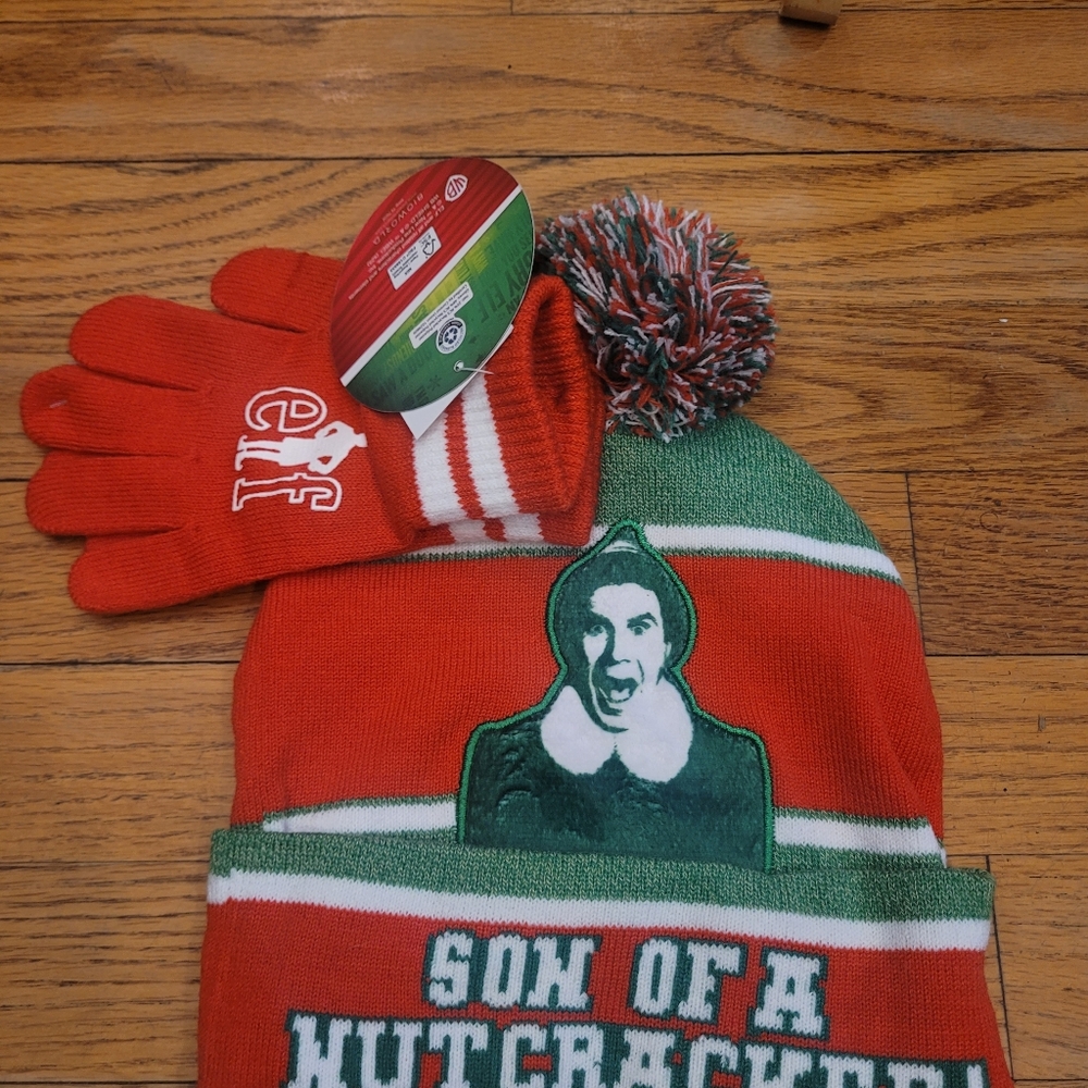 7 Set Of Elf 'Son of a Nutcracker' Knit Beanie & Gloves Set - Red Green